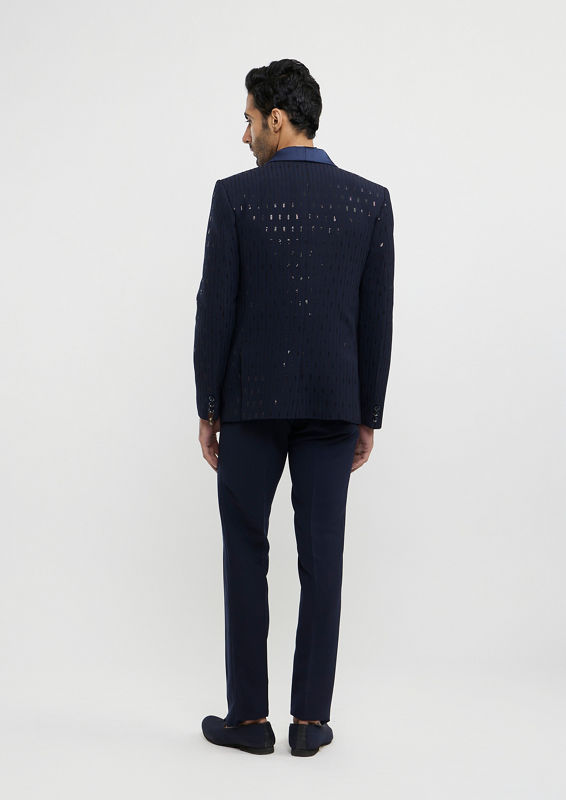 Twamev Men Navy Blue Linear Patterned Sequinned Suit Set