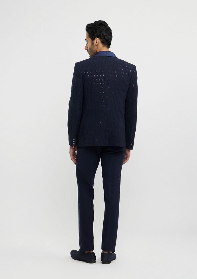 Twamev Men Navy Blue Linear Patterned Sequinned Suit Set