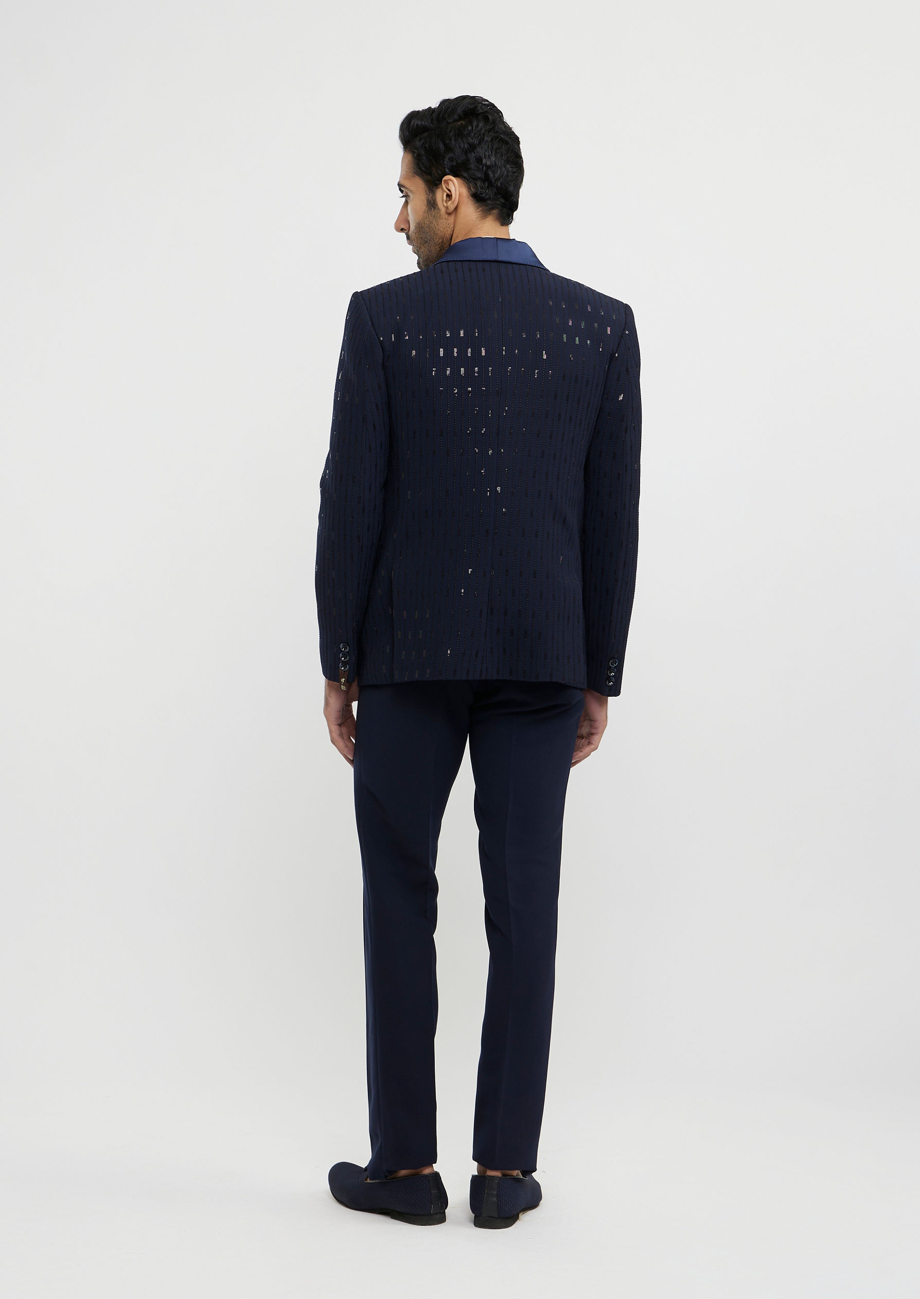 Twamev Men Navy Blue Linear Patterned Sequinned Suit Set
