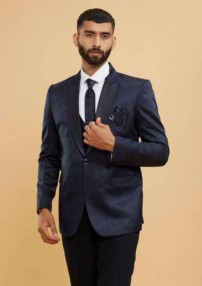 Twamev Men Navy Blue Self Patterned Tuxedo Suit Set