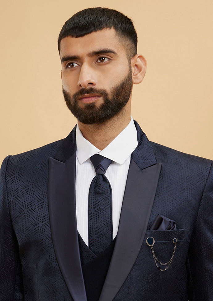Twamev Men Navy Blue Self Patterned Tuxedo Suit Set