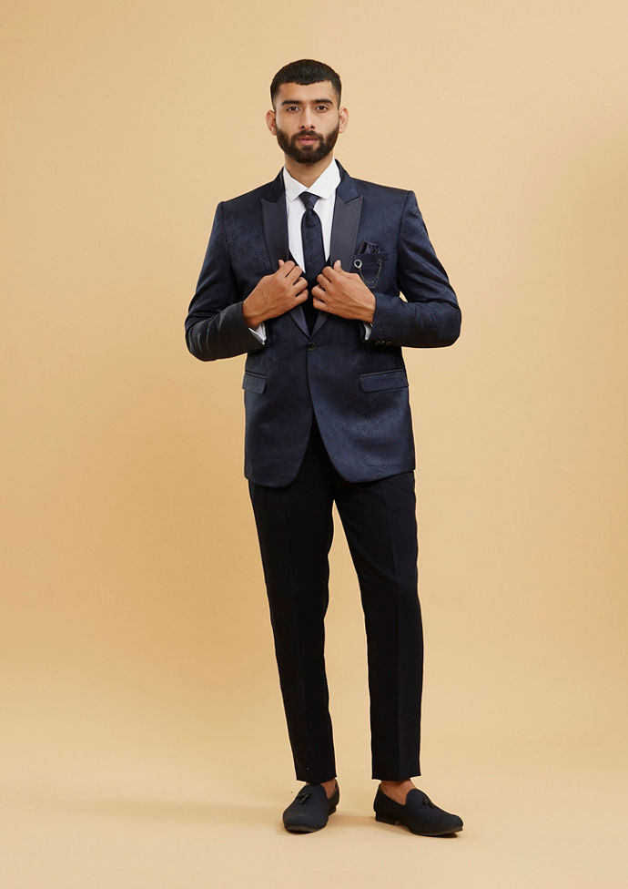 Twamev Men Navy Blue Self Patterned Tuxedo Suit Set image number 2