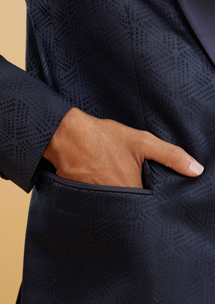 Twamev Men Navy Blue Self Patterned Tuxedo Suit Set