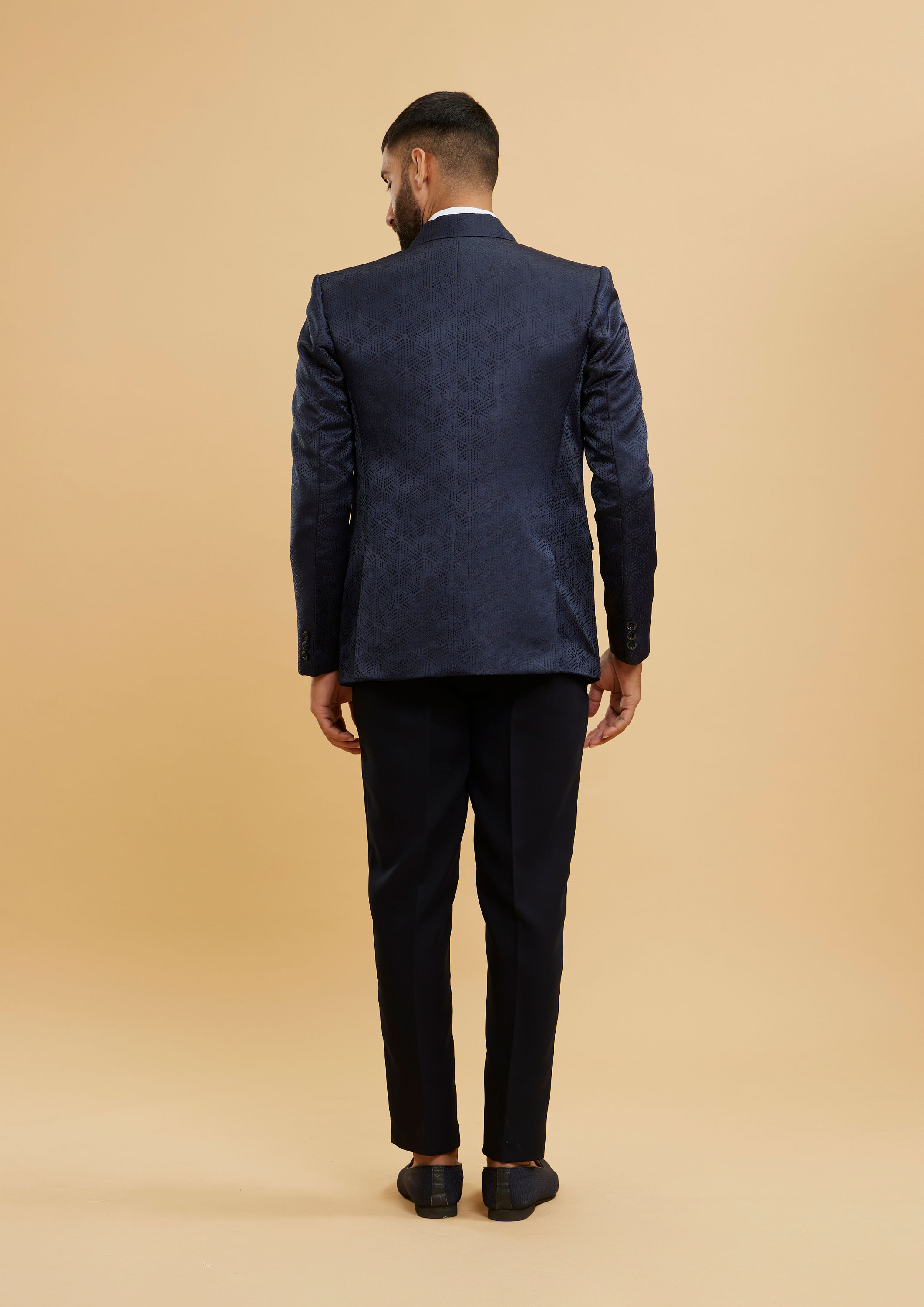 Twamev Men Navy Blue Self Patterned Tuxedo Suit Set