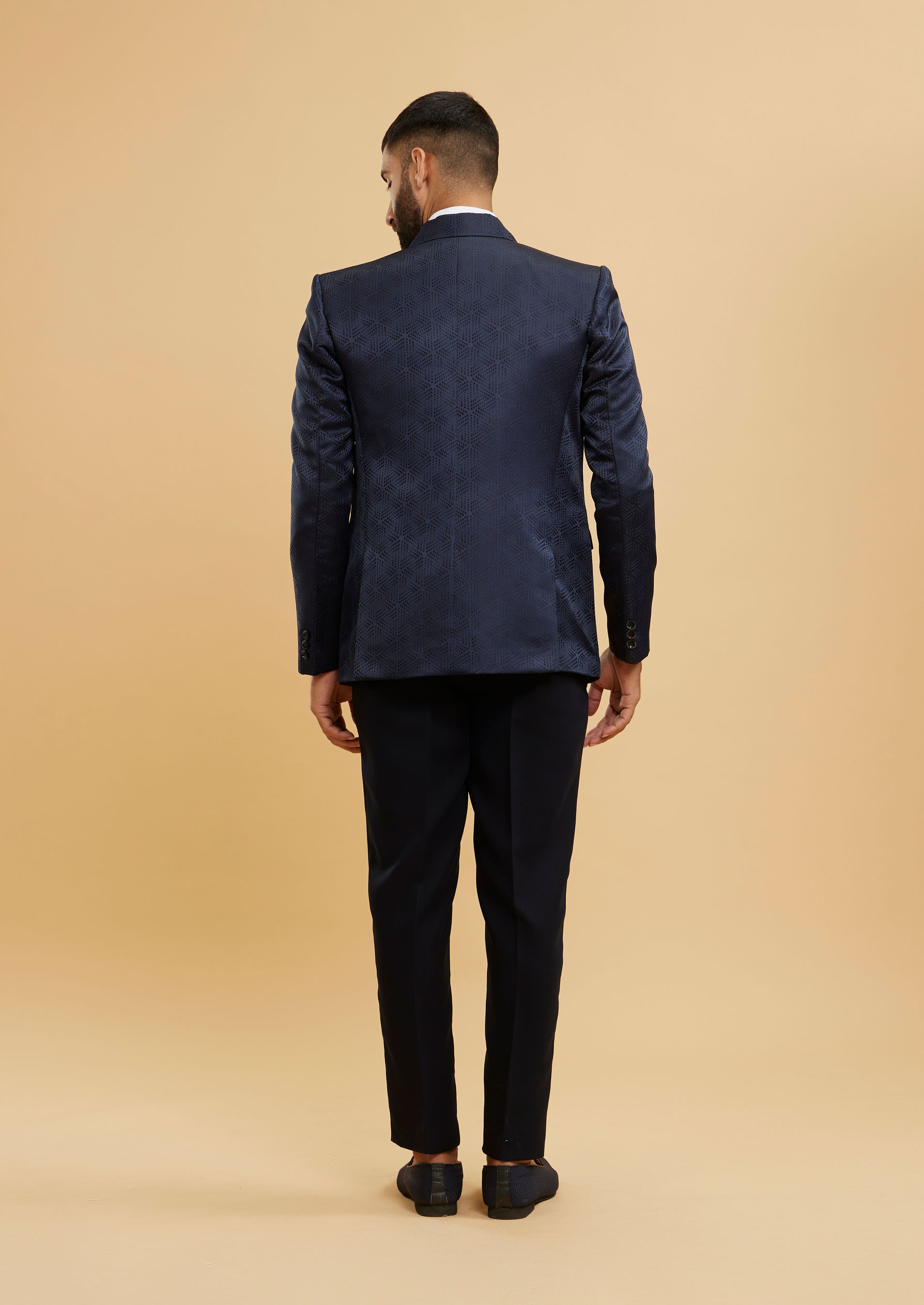 Twamev Men Navy Blue Self Patterned Tuxedo Suit Set