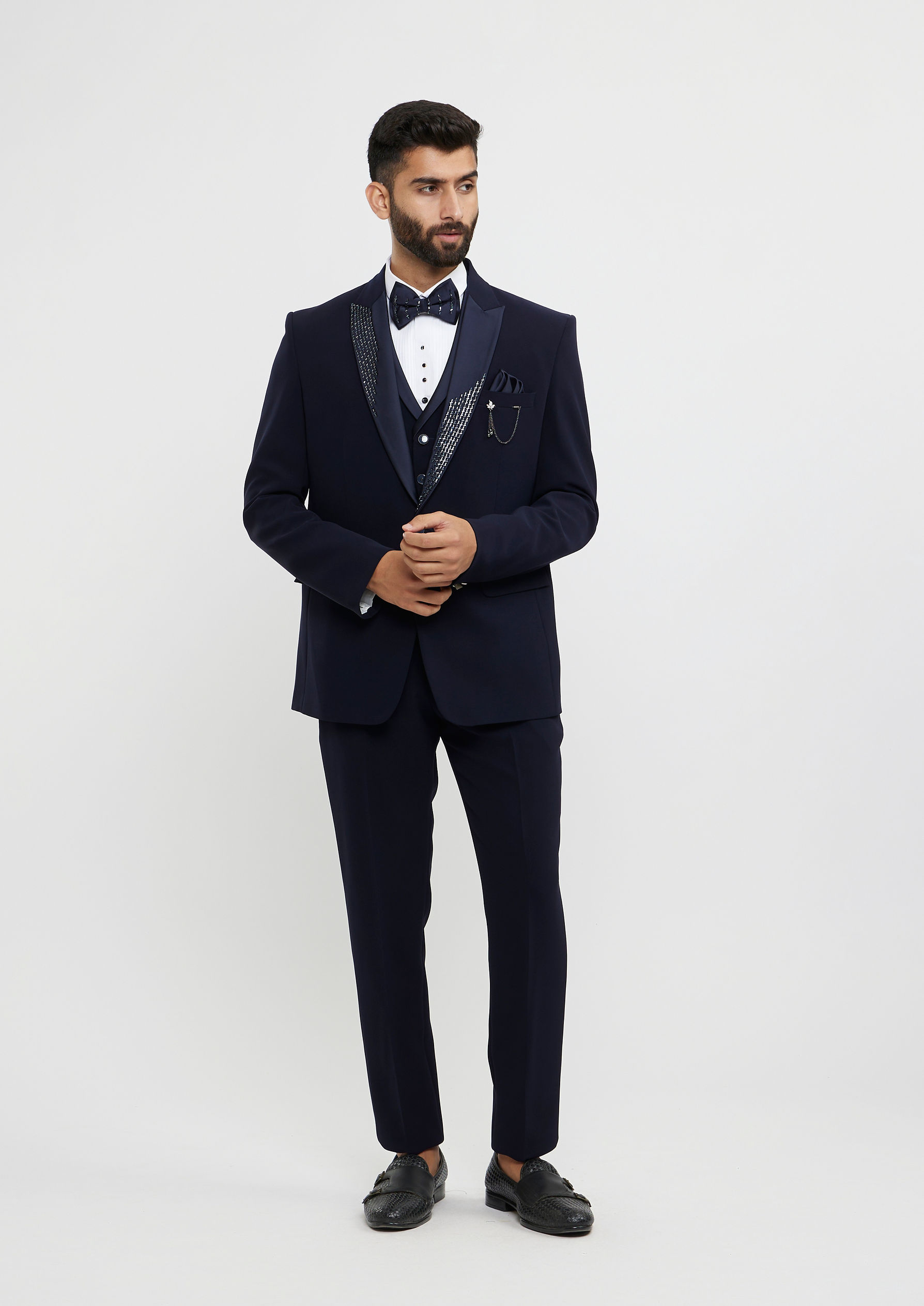 Twamev Men Indigo Blue Plain Classic Suit Set with Cutdana Work