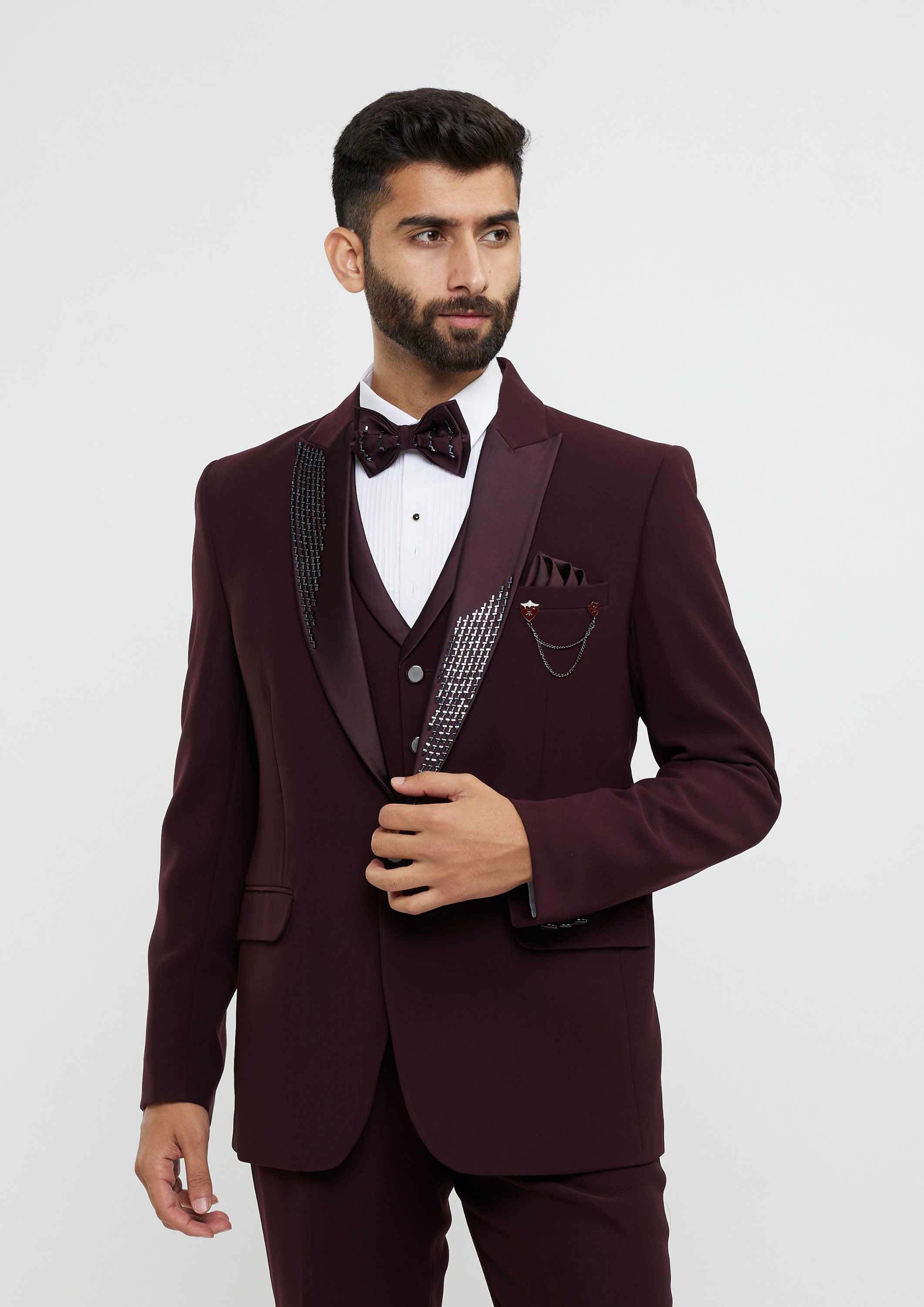 Twamev Men Wine Red Plain Classic Suit Set with Cutdana Work