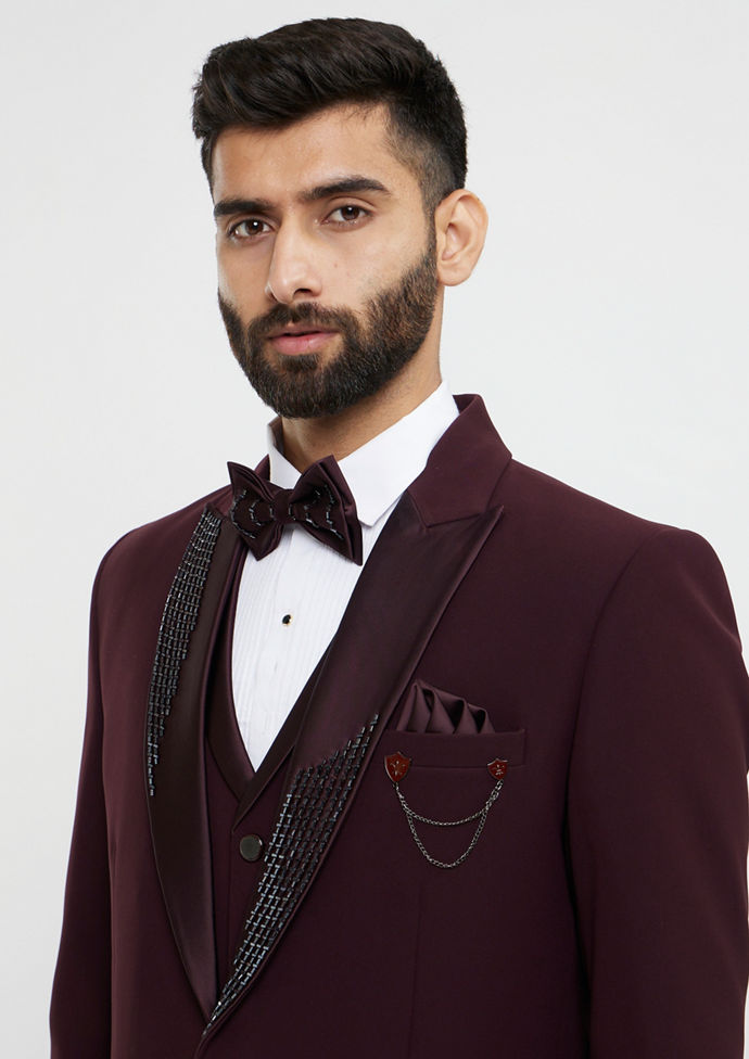 Twamev Men Wine Red Plain Classic Suit Set with Cutdana Work