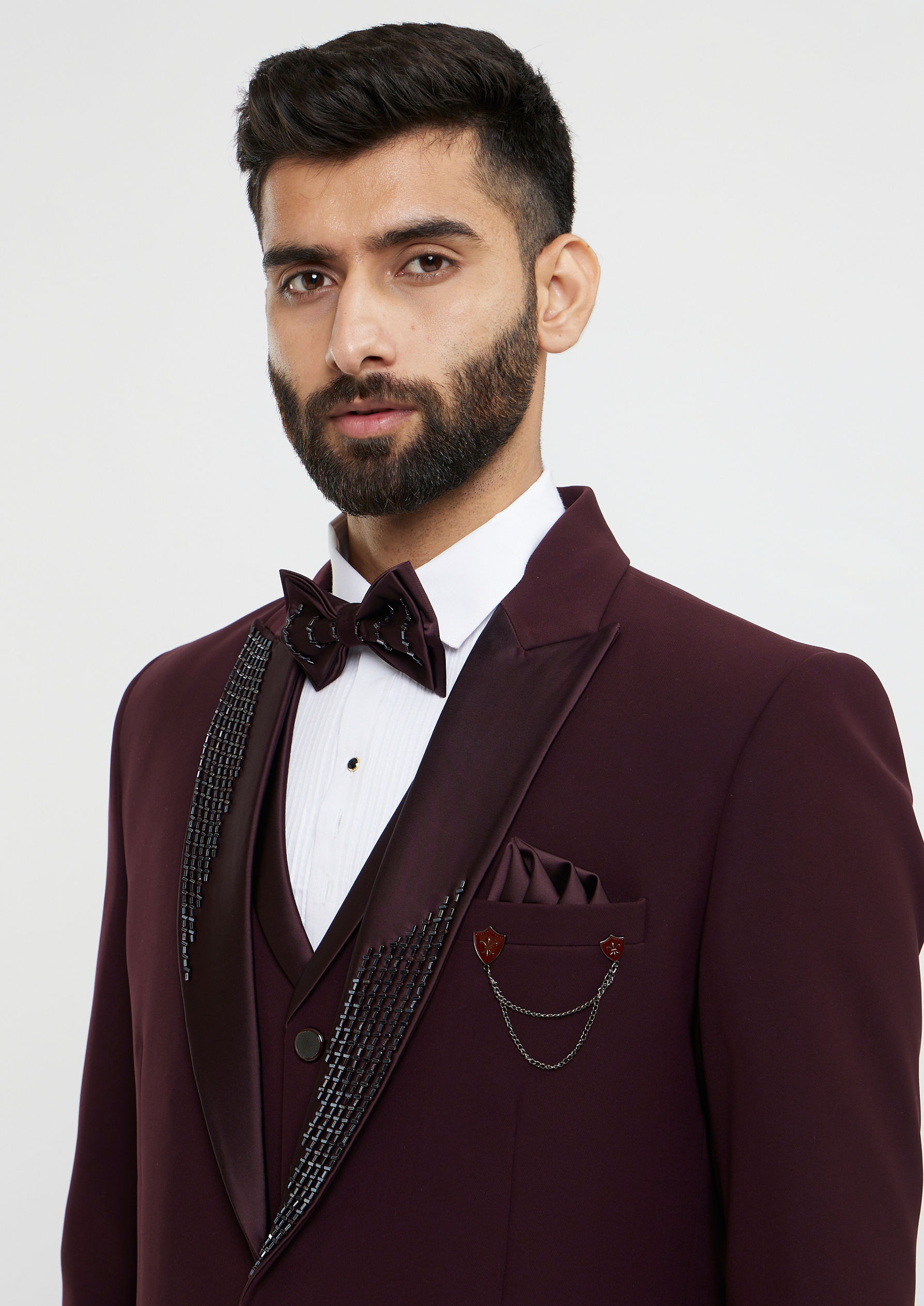 Twamev Men Wine Red Plain Classic Suit Set with Cutdana Work