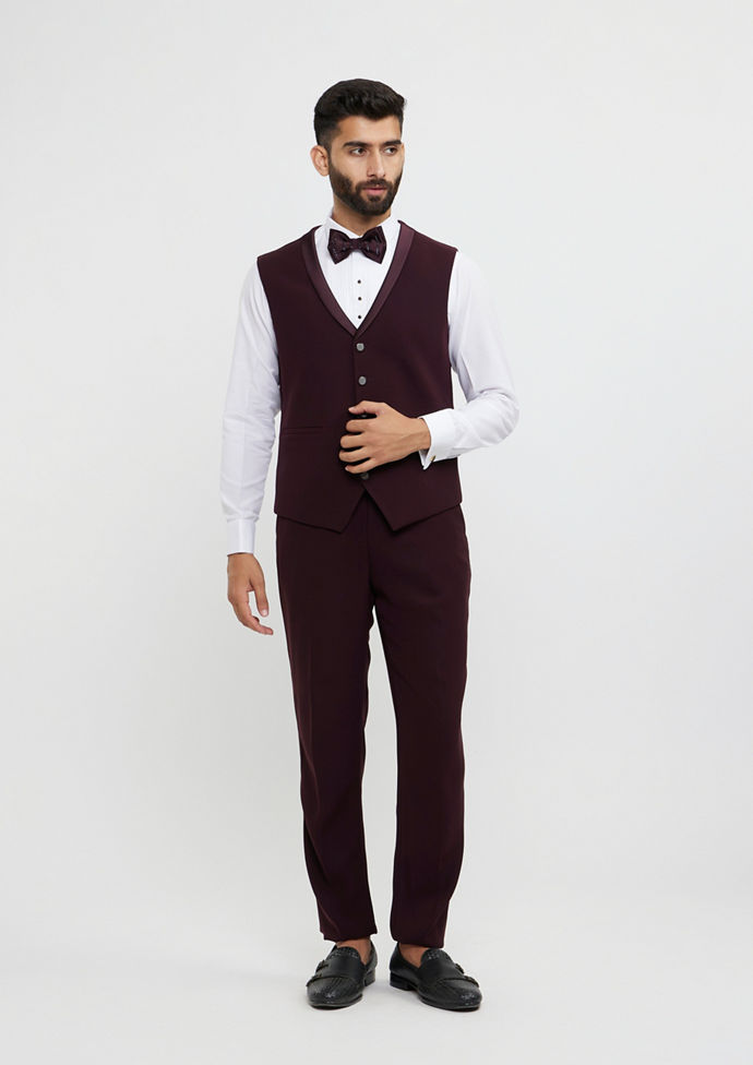 Twamev Men Wine Red Plain Classic Suit Set with Cutdana Work