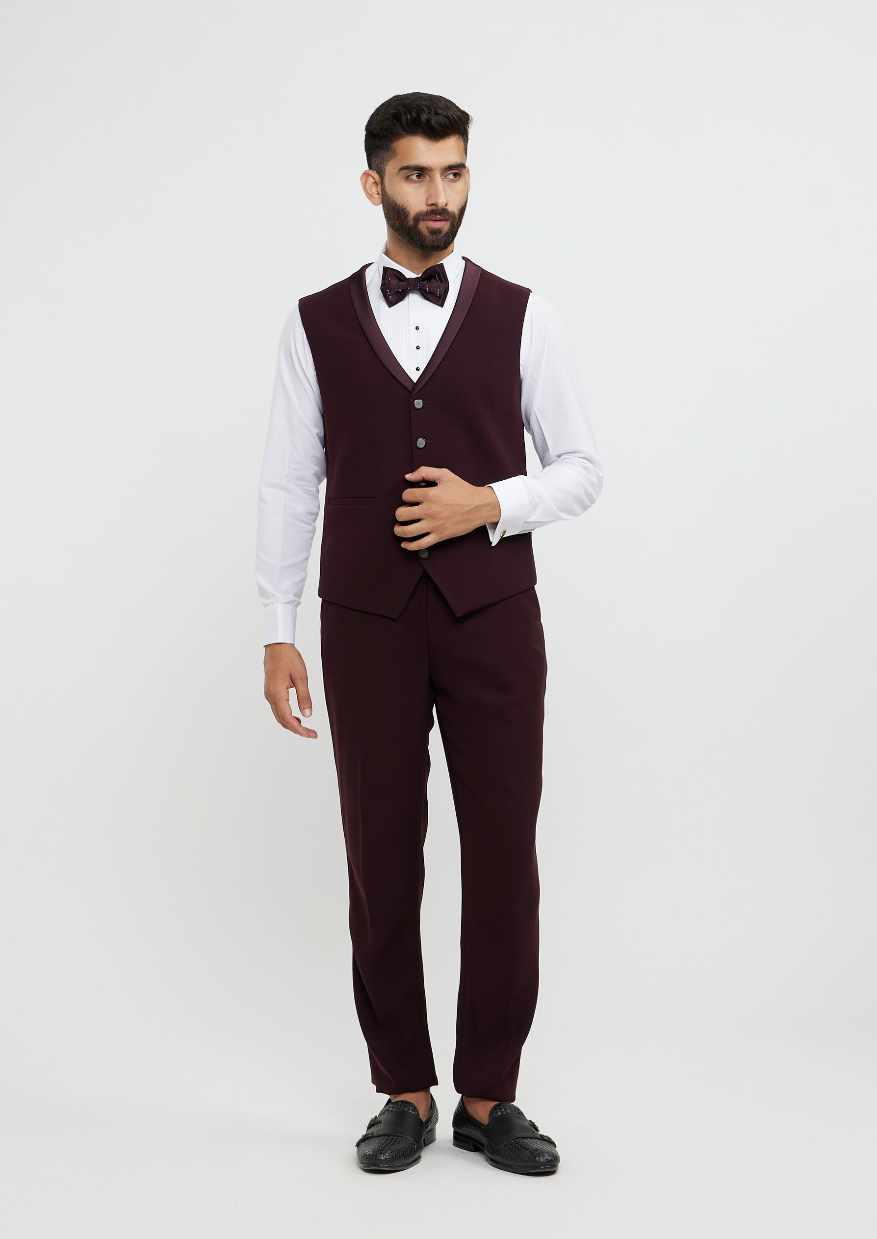 Twamev Men Wine Red Plain Classic Suit Set with Cutdana Work