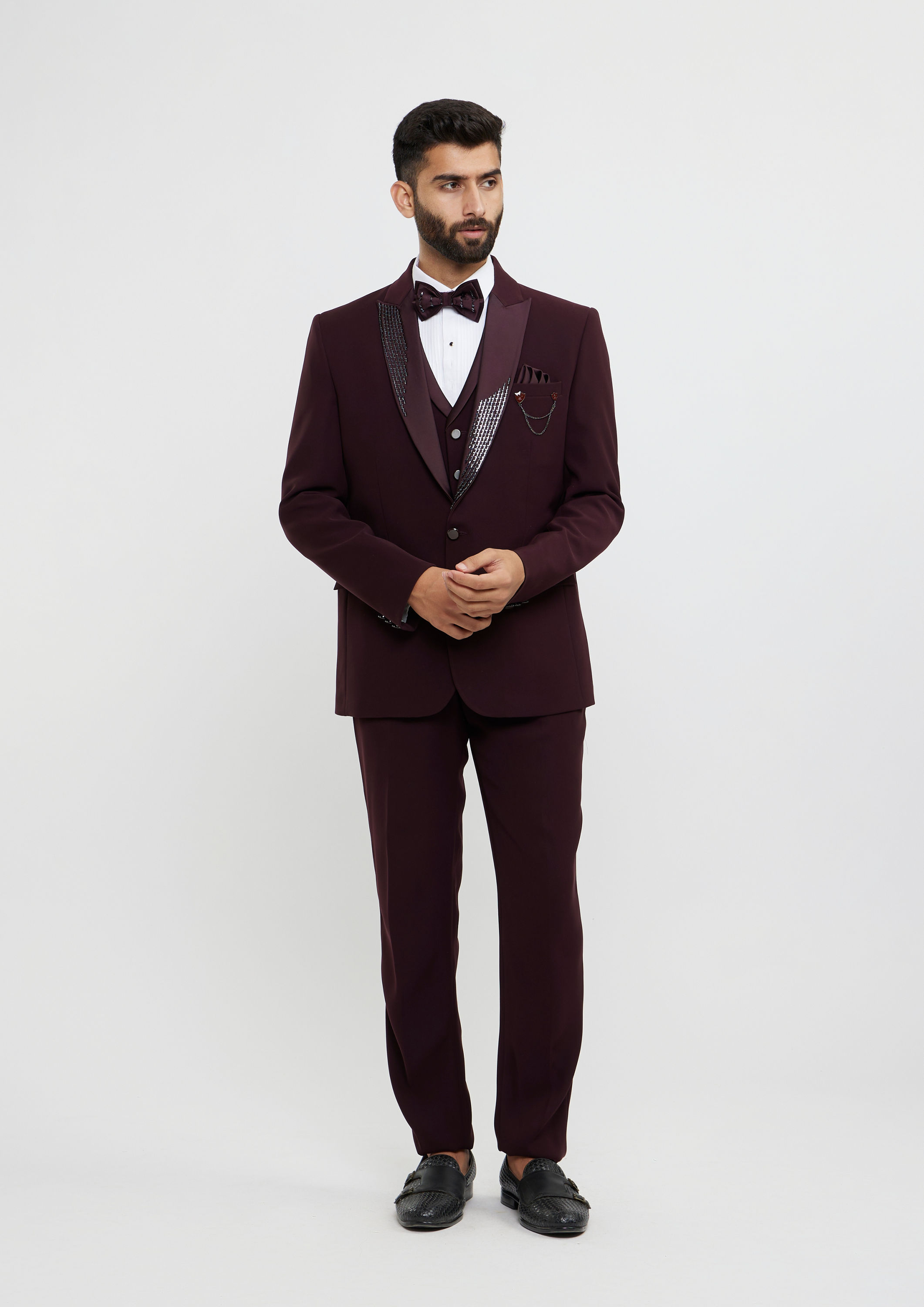 Twamev Men Wine Red Plain Classic Suit Set with Cutdana Work