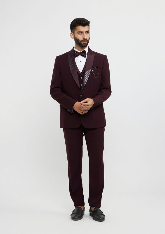 Twamev Men Wine Red Plain Classic Suit Set with Cutdana Work