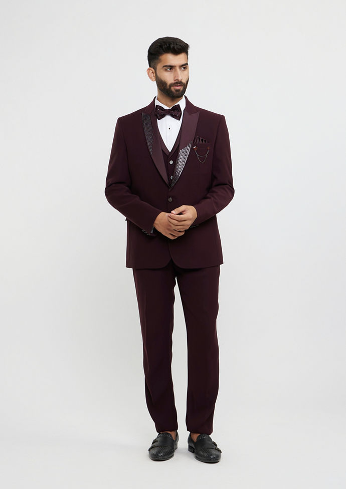 Twamev Men Wine Red Plain Classic Suit Set with Cutdana Work
