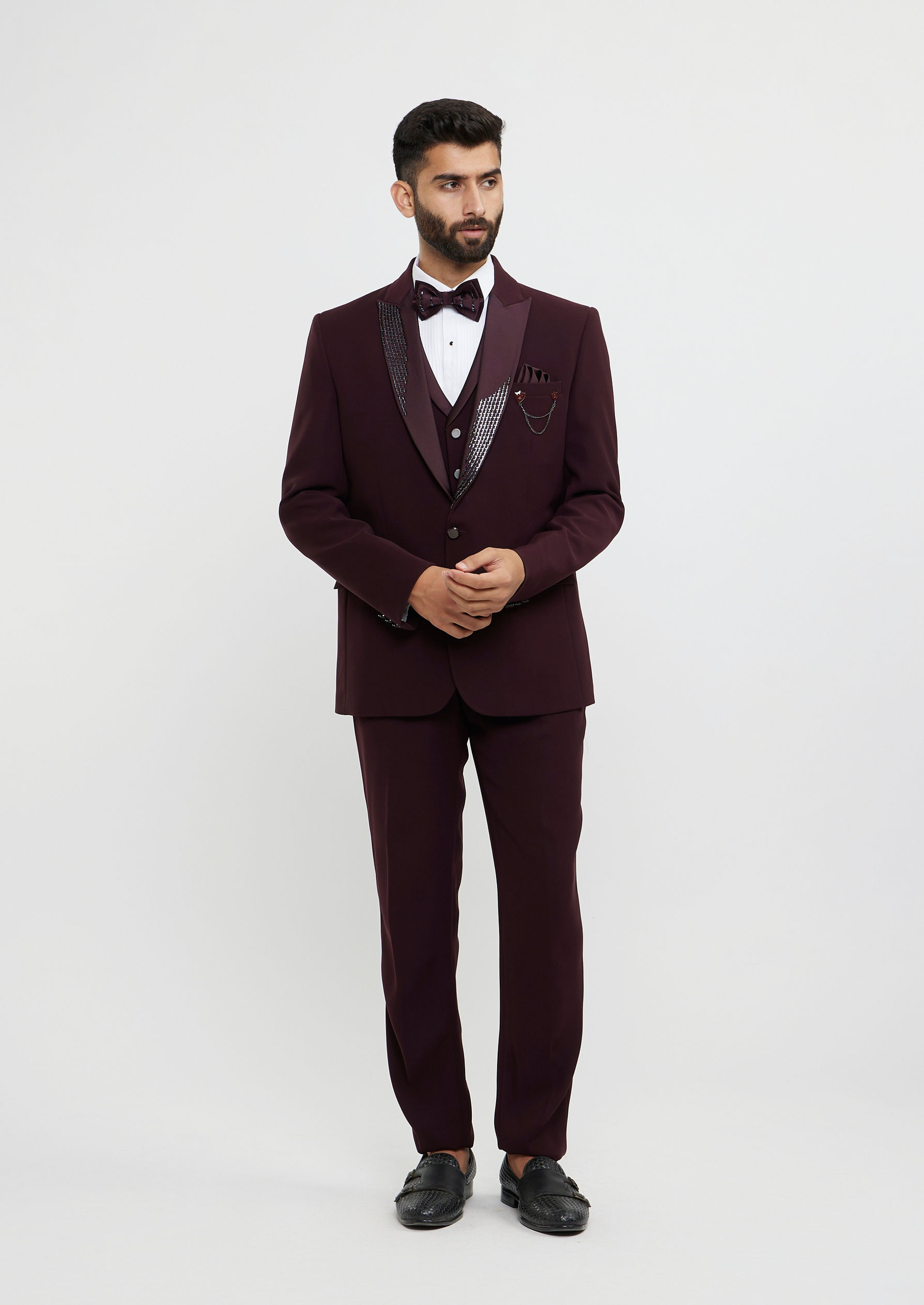 Twamev Men Wine Red Plain Classic Suit Set with Cutdana Work