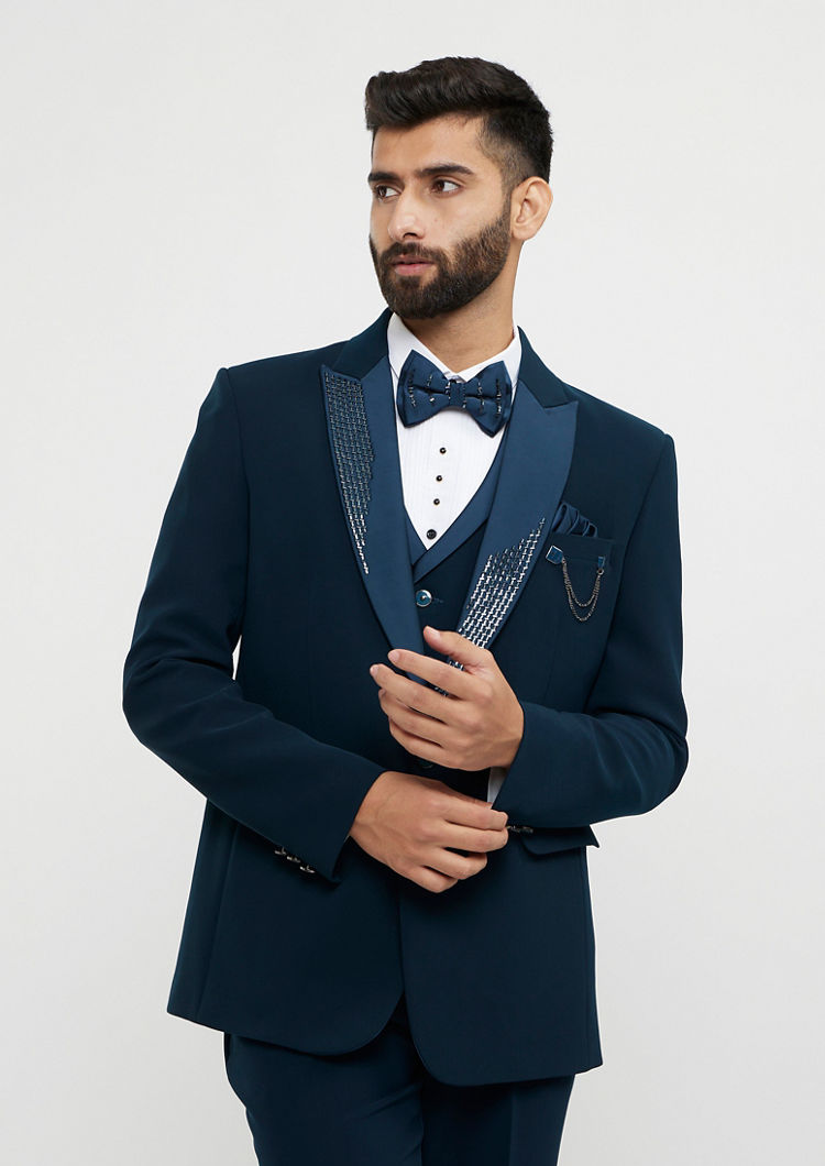 Twamev Men Teal Green Plain Classic Suit Set with Cutdana Work