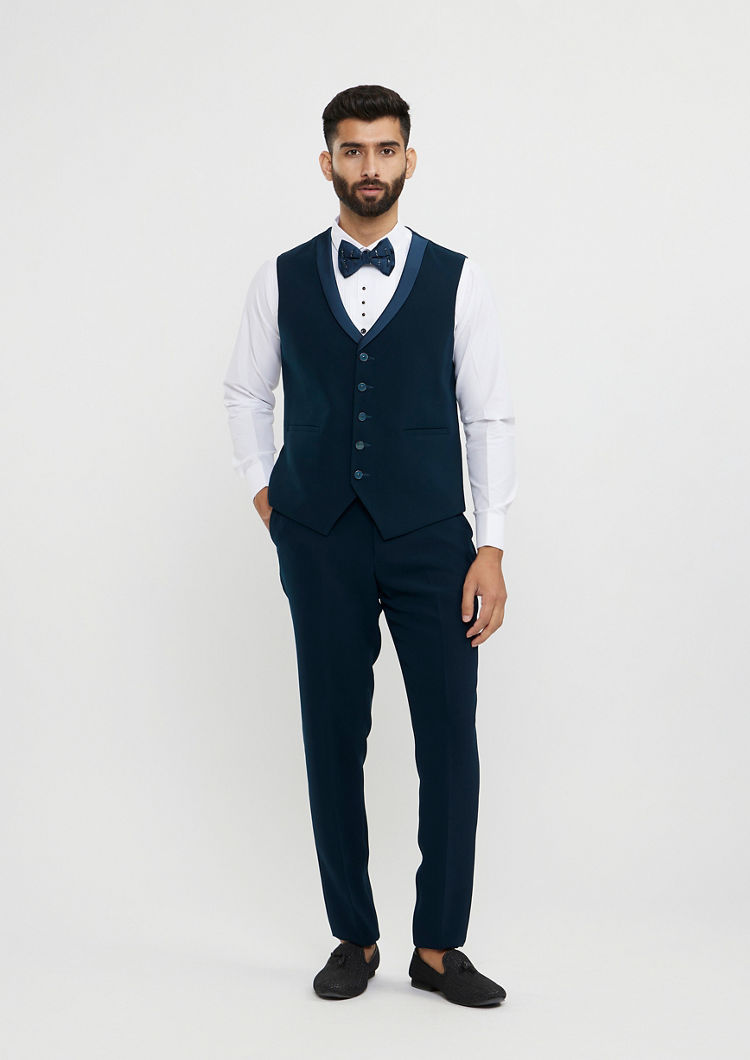 Twamev Men Teal Green Plain Classic Suit Set with Cutdana Work