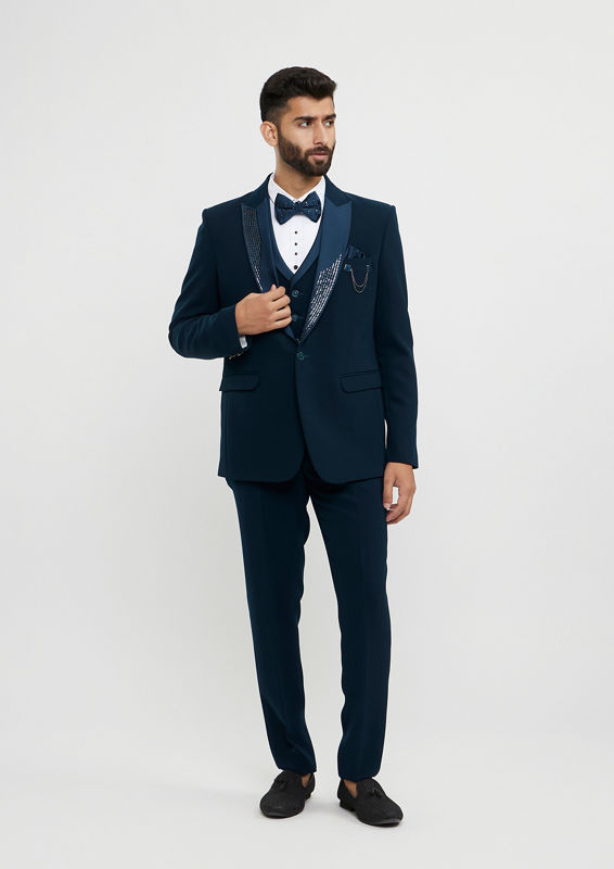 Twamev Men Teal Green Plain Classic Suit Set with Cutdana Work