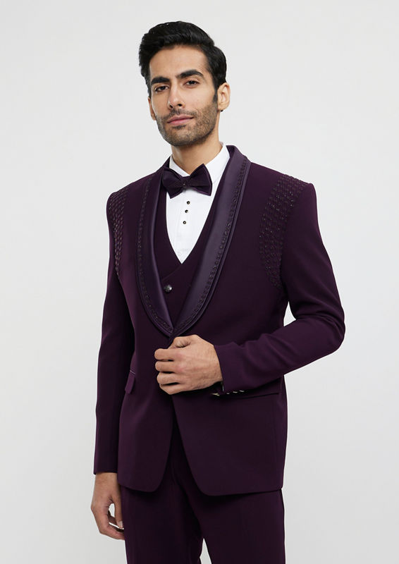 Twamev Men Wine Red Embroidered Suit Set with Rhinestone Work