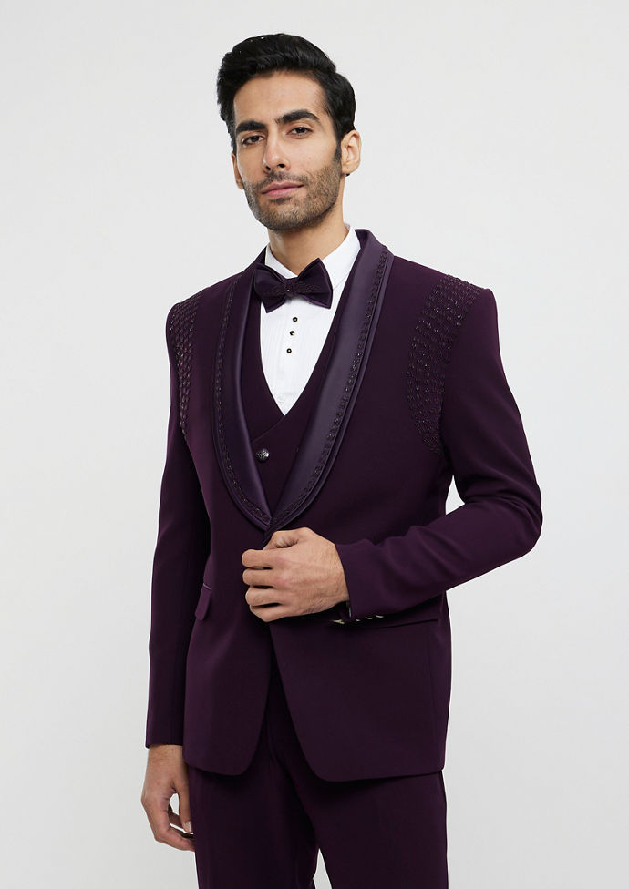 Twamev Men Wine Red Embroidered Suit Set with Rhinestone Work image number 0