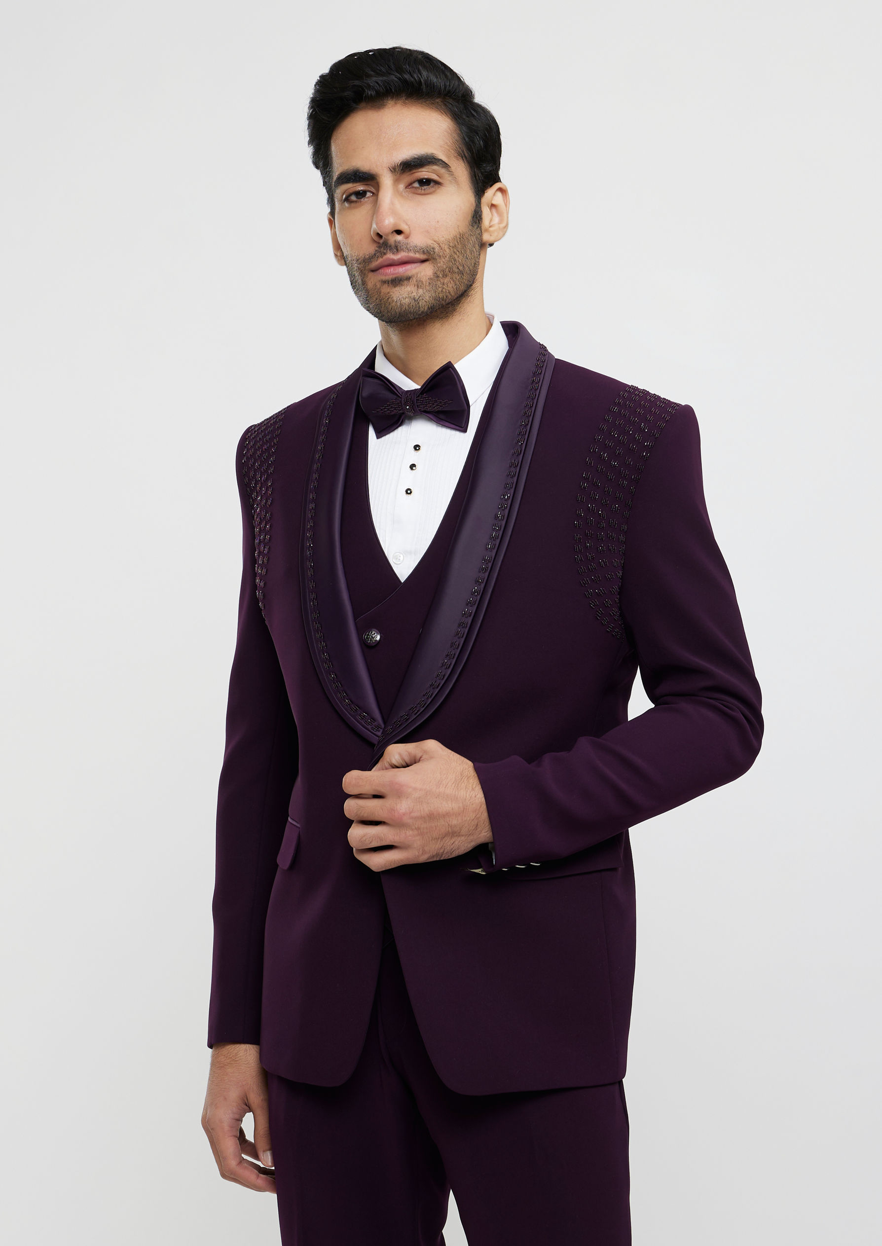 Twamev Men Wine Red Embroidered Suit Set with Rhinestone Work
