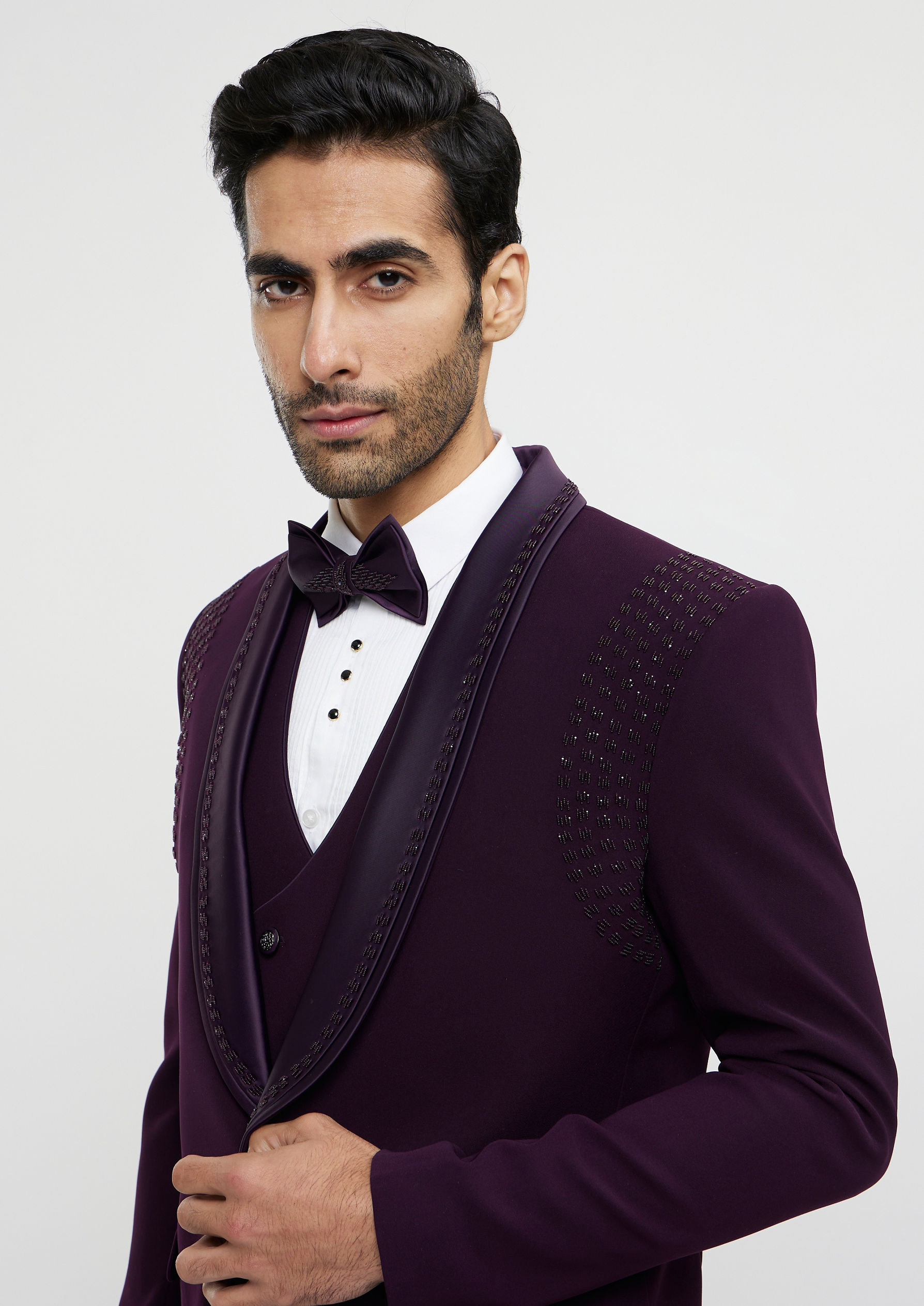 Twamev Men Wine Red Embroidered Suit Set with Rhinestone Work