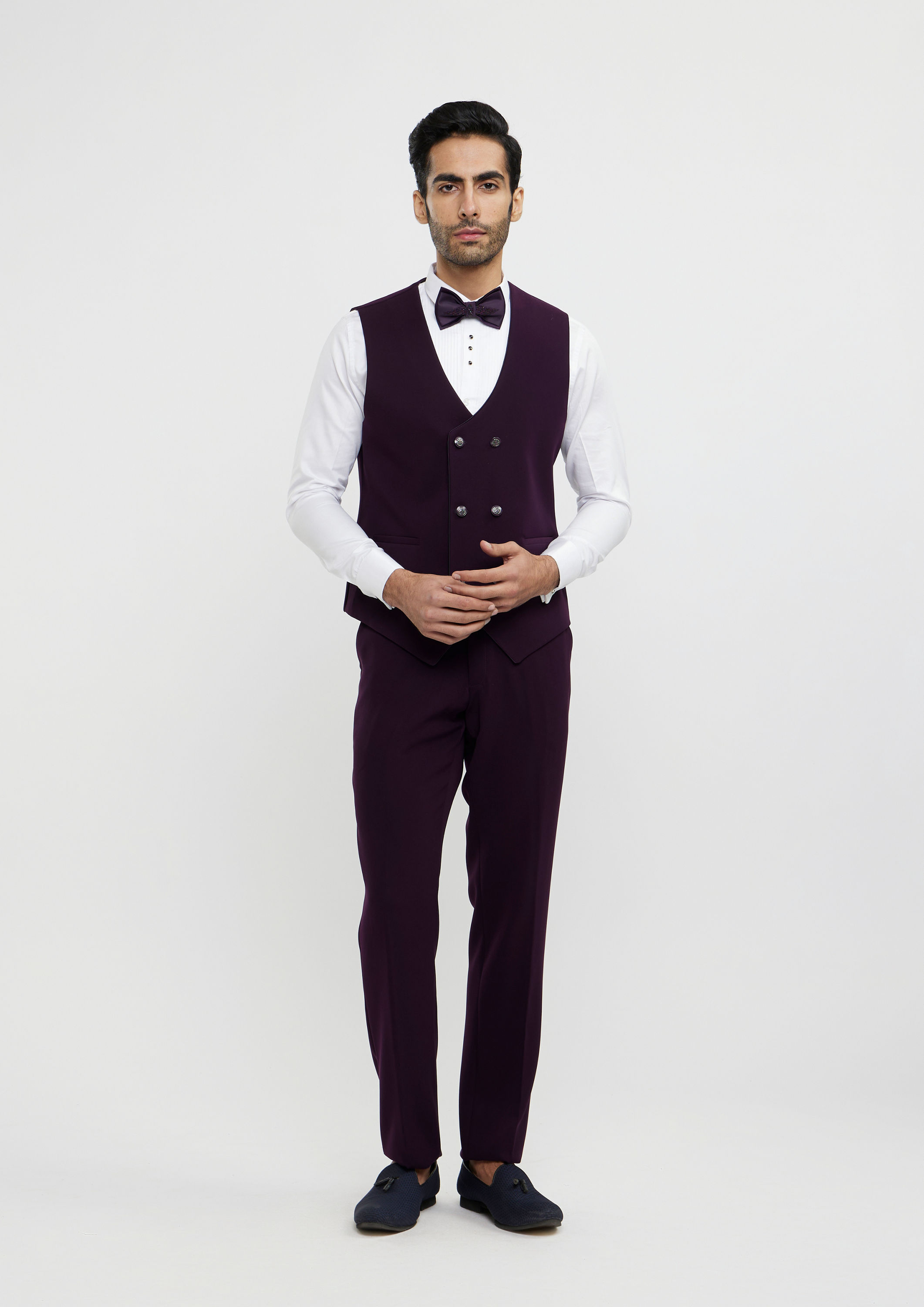 Twamev Men Wine Red Embroidered Suit Set with Rhinestone Work