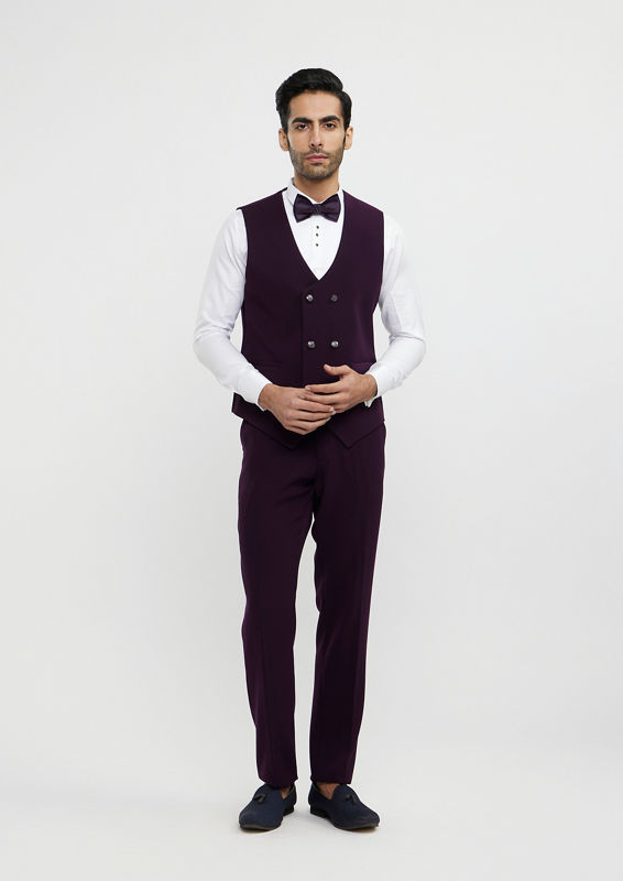 Twamev Men Wine Red Embroidered Suit Set with Rhinestone Work