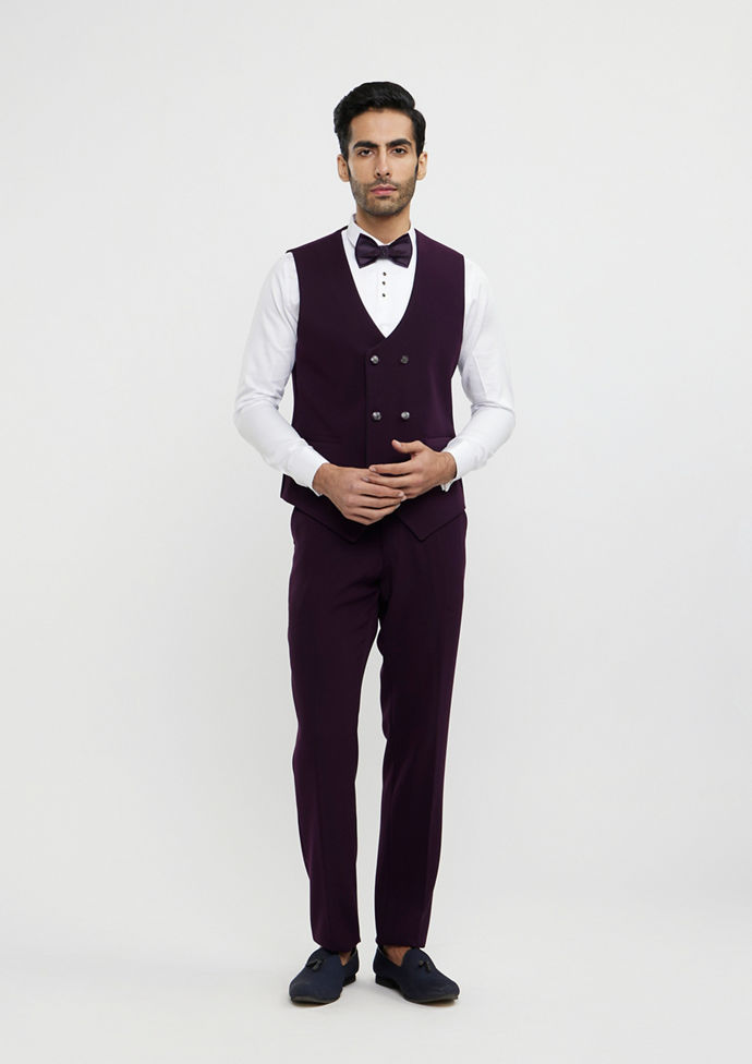 Twamev Men Wine Red Embroidered Suit Set with Rhinestone Work