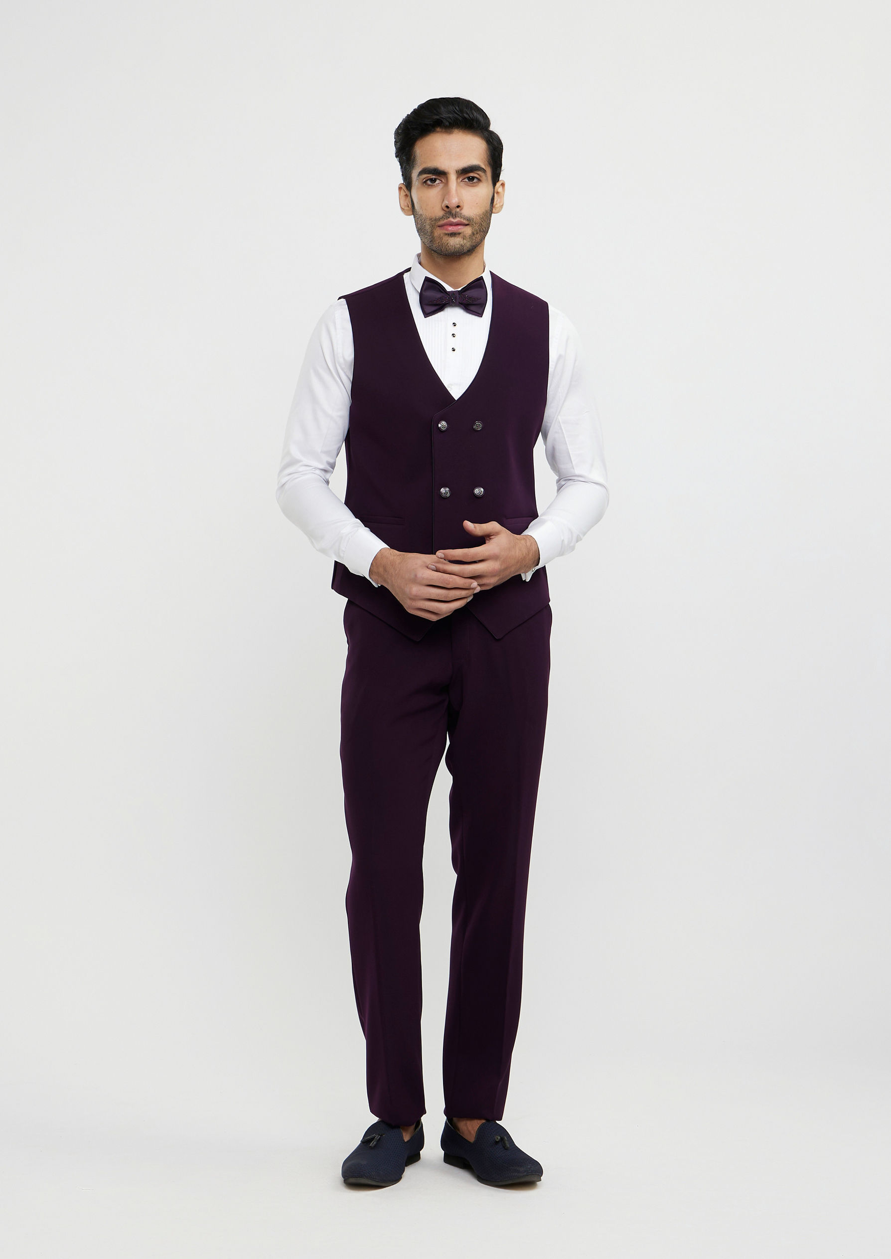 Twamev Men Wine Red Embroidered Suit Set with Rhinestone Work