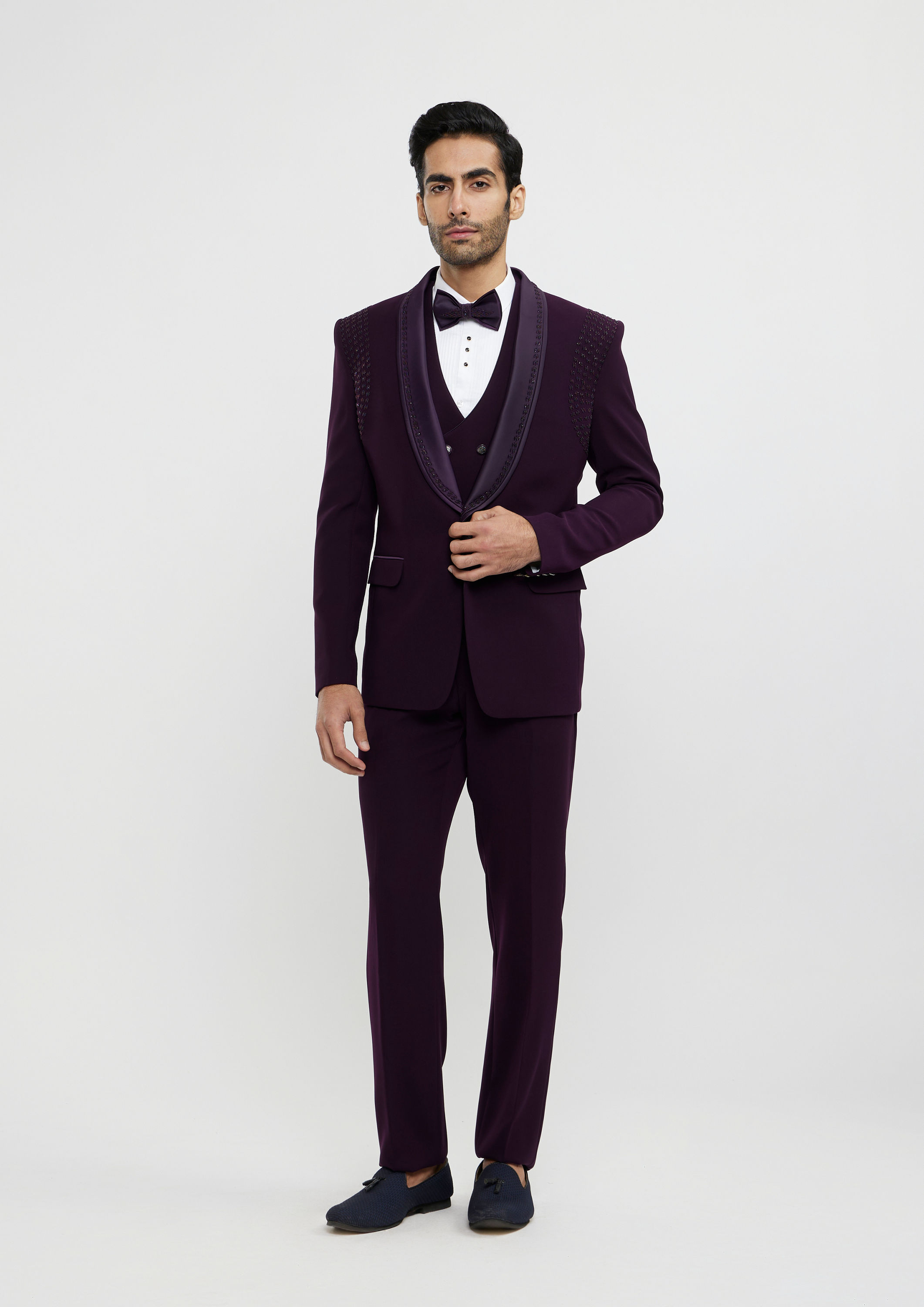 Twamev Men Wine Red Embroidered Suit Set with Rhinestone Work