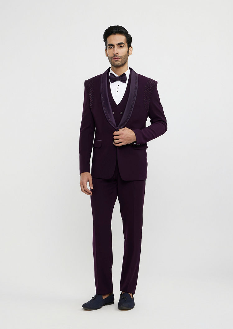 Twamev Men Wine Red Embroidered Suit Set with Rhinestone Work