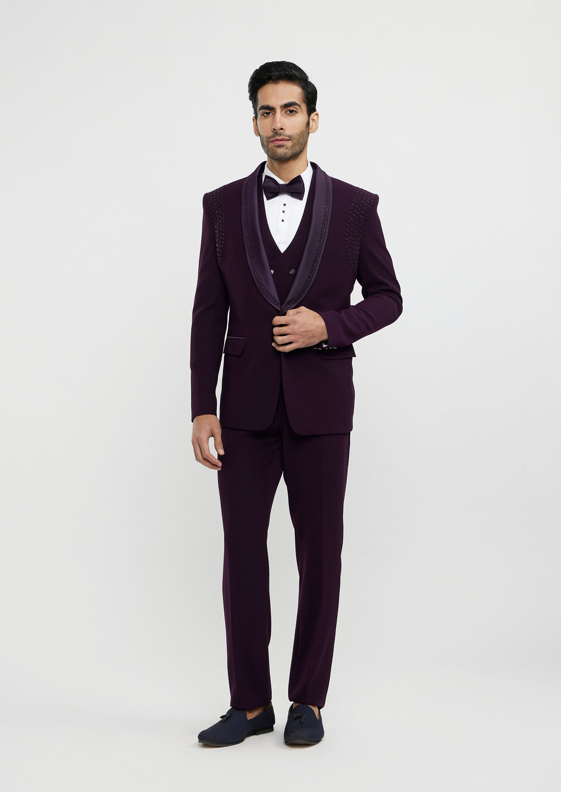 Twamev Men Wine Red Embroidered Suit Set with Rhinestone Work