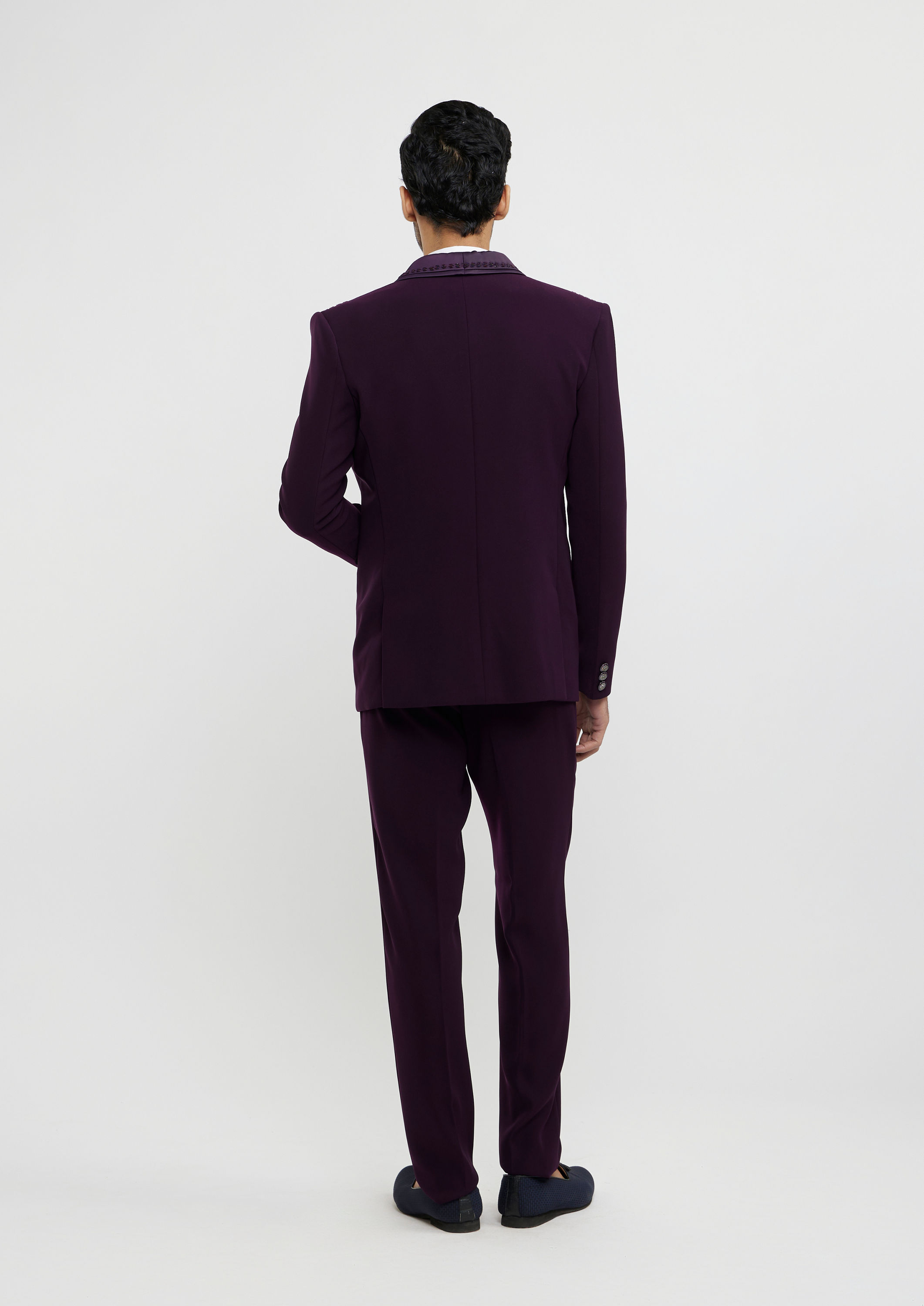 Twamev Men Wine Red Embroidered Suit Set with Rhinestone Work