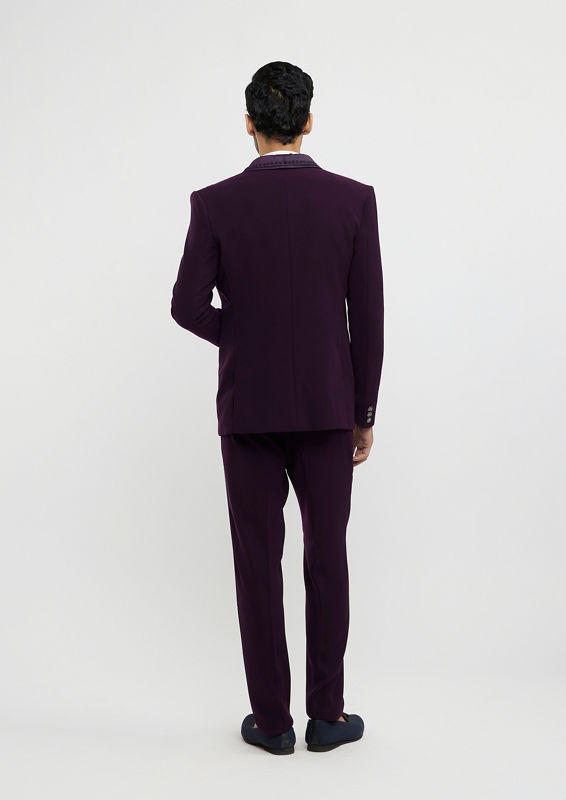 Twamev Men Wine Red Embroidered Suit Set with Rhinestone Work