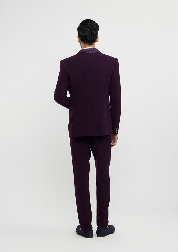 Twamev Men Wine Red Embroidered Suit Set with Rhinestone Work