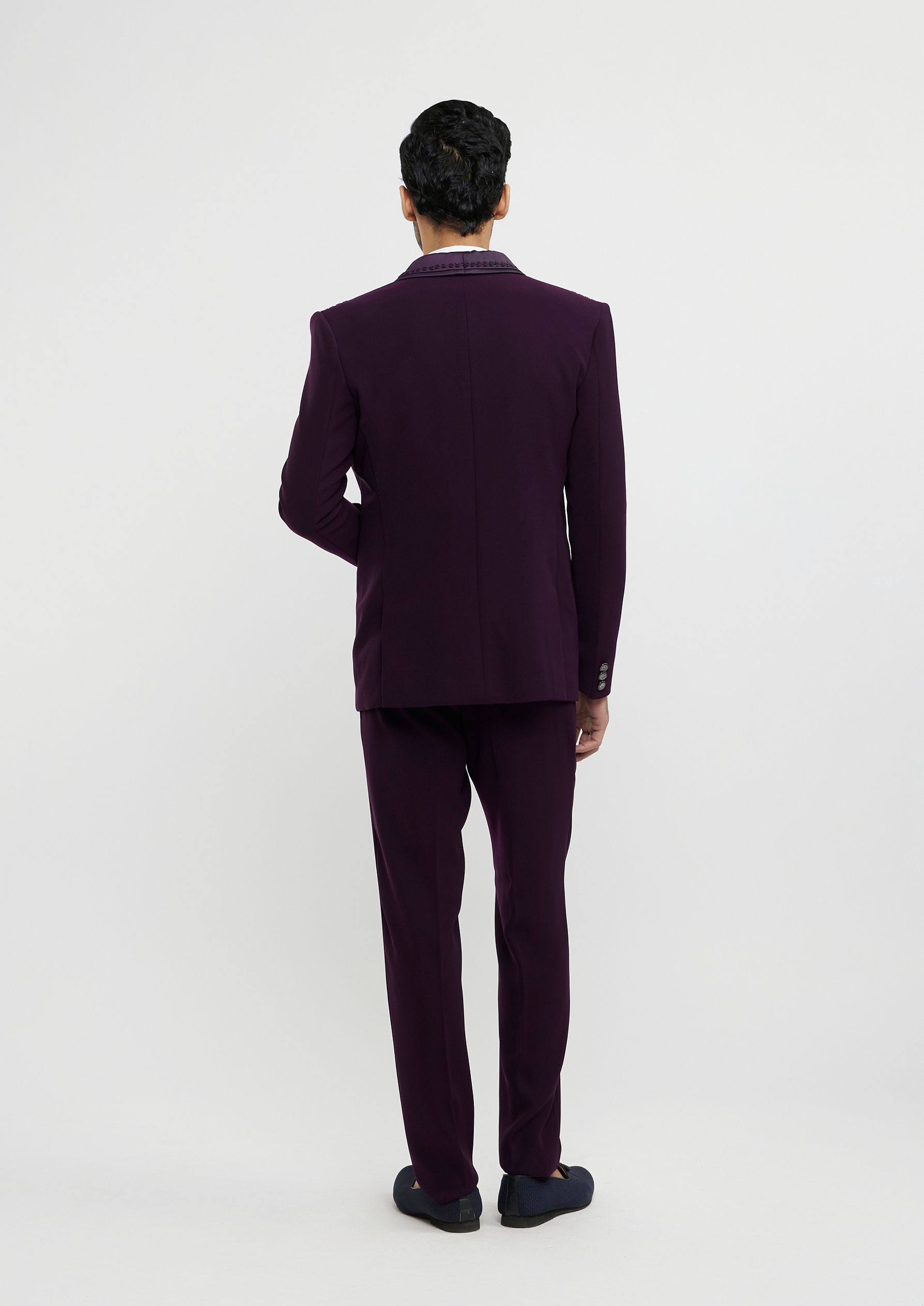 Twamev Men Wine Red Embroidered Suit Set with Rhinestone Work