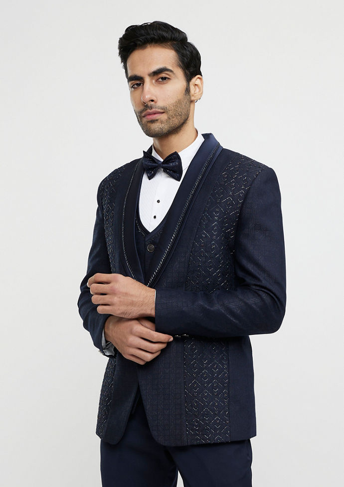Twamev Men Midnight Blue Jaal Patterned Suit Set with Sequin Work