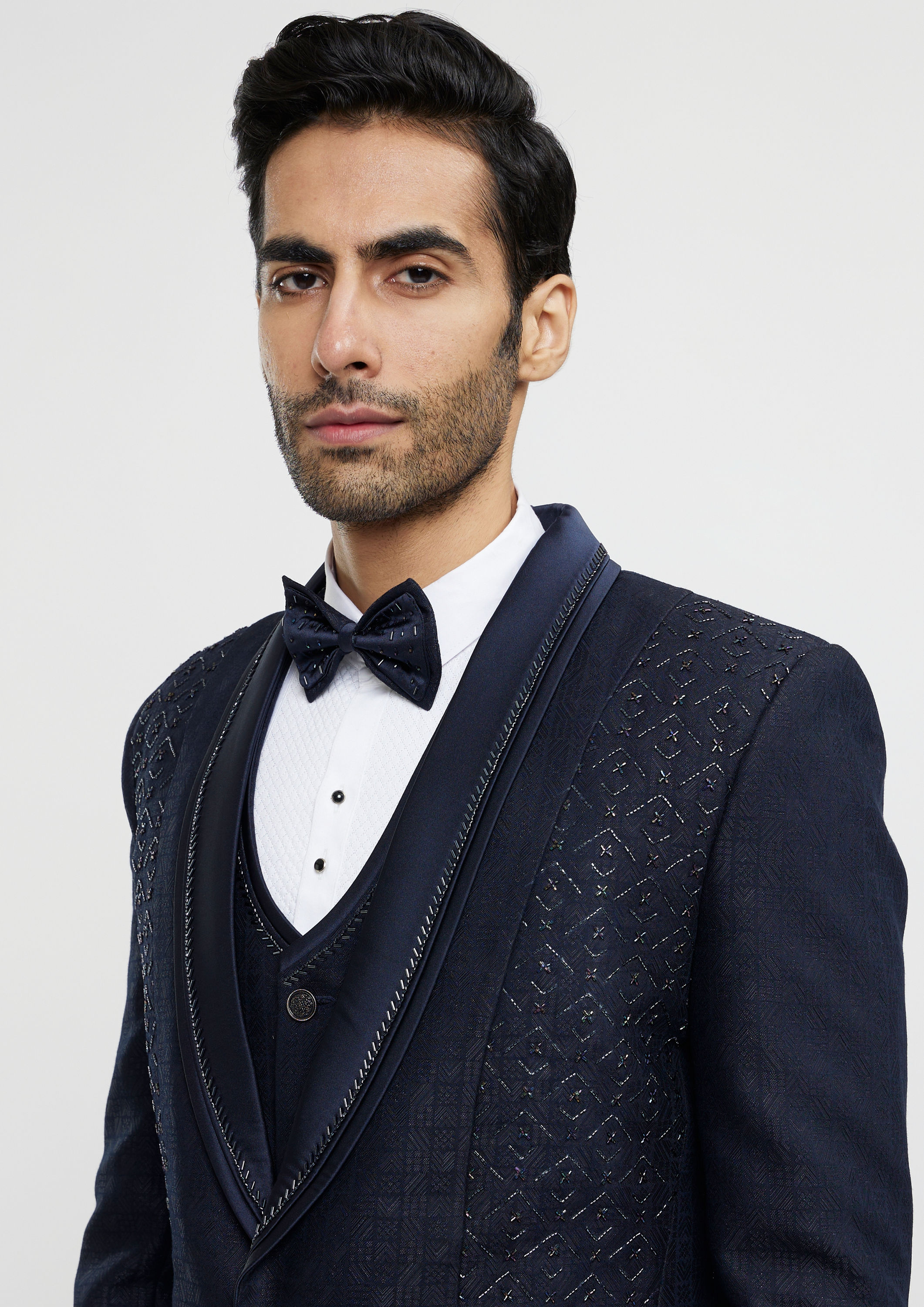 Twamev Men Midnight Blue Jaal Patterned Suit Set with Sequin Work