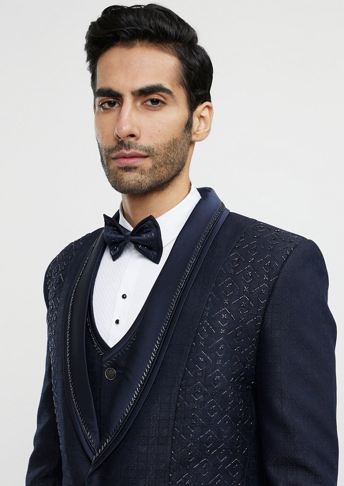 Twamev Men Midnight Blue Jaal Patterned Suit Set with Sequin Work
