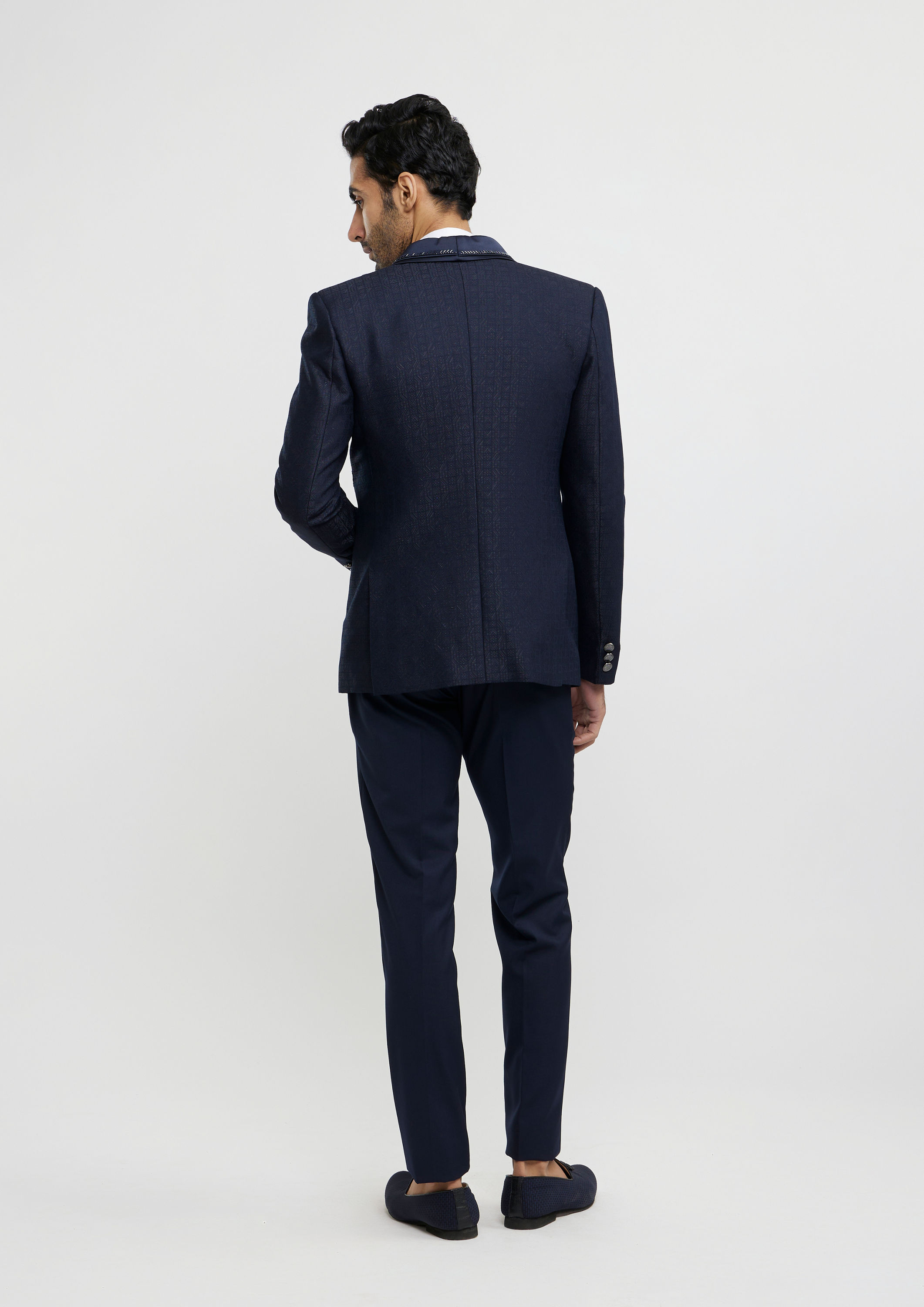 Twamev Men Midnight Blue Jaal Patterned Suit Set with Sequin Work