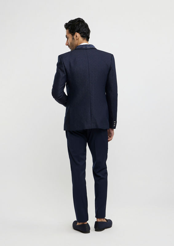 Twamev Men Midnight Blue Jaal Patterned Suit Set with Sequin Work