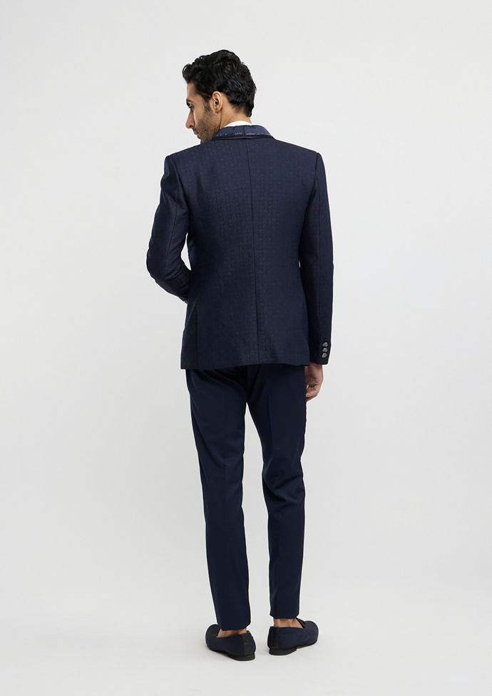 Twamev Men Midnight Blue Jaal Patterned Suit Set with Sequin Work