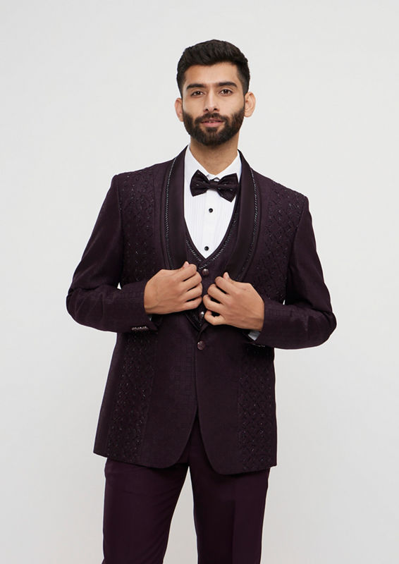 alt message - Twamev Men Royal Purple Jaal Patterned Suit Set with Sequin Work image number 0