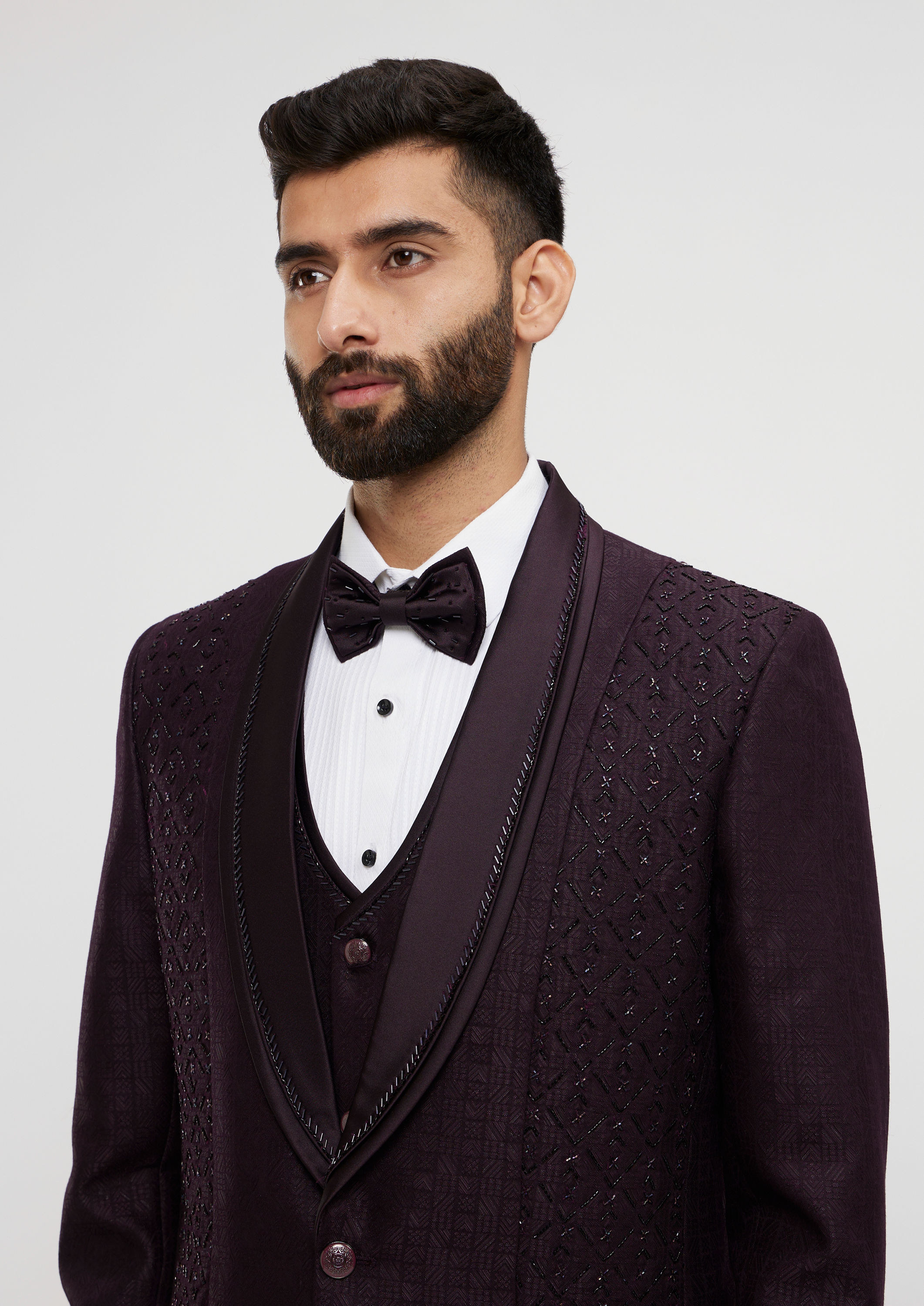 alt message - Twamev Men Royal Purple Jaal Patterned Suit Set with Sequin Work image number 1