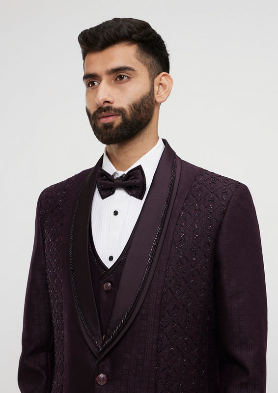 Twamev Men Royal Purple Jaal Patterned Suit Set with Sequin Work