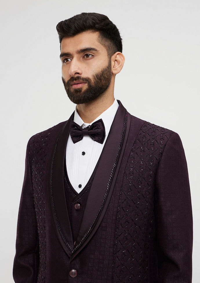 Twamev Men Royal Purple Jaal Patterned Suit Set with Sequin Work