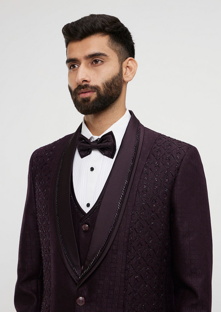 Twamev Men Royal Purple Jaal Patterned Suit Set with Sequin Work