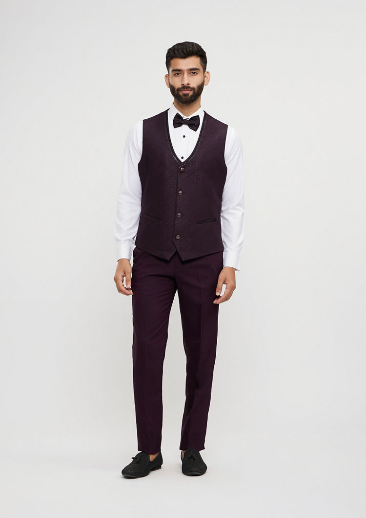 Twamev Men Royal Purple Jaal Patterned Suit Set with Sequin Work
