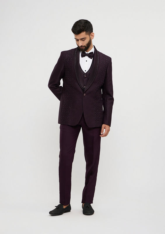 Twamev Men Royal Purple Jaal Patterned Suit Set with Sequin Work